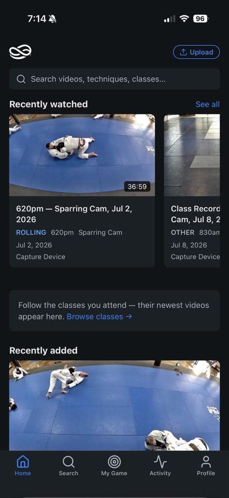 SeeMyBJJ mobile app home screen showing recently watched class videos and search