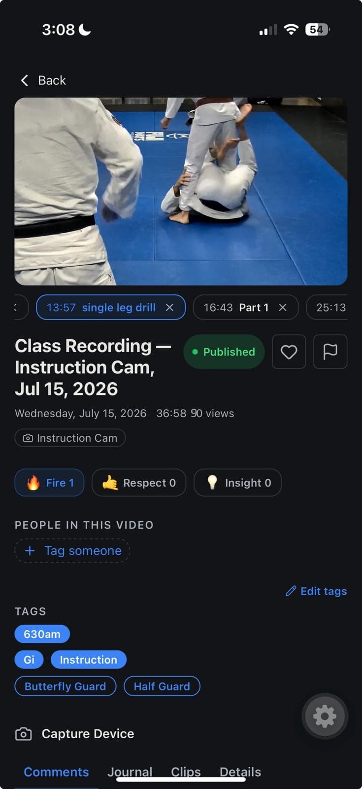 SeeMyBJJ video detail screen with technique chapter markers, reactions, and searchable tags